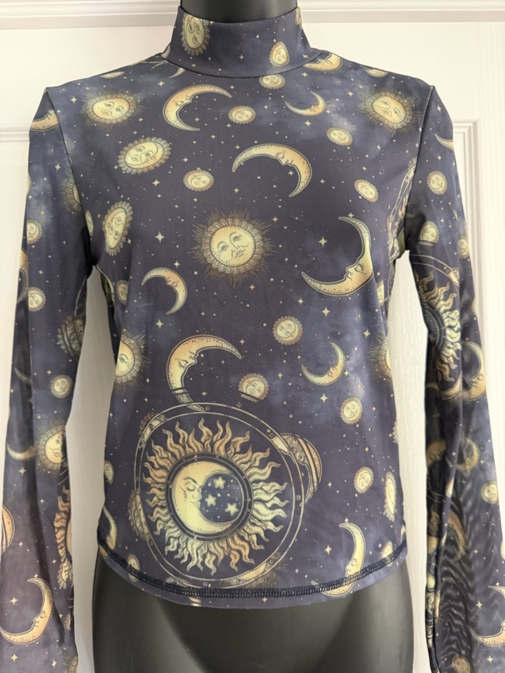 Forever 21 Navy Celestial Print High Neck Long Sleeve Mesh Top - Picture 5 of 7